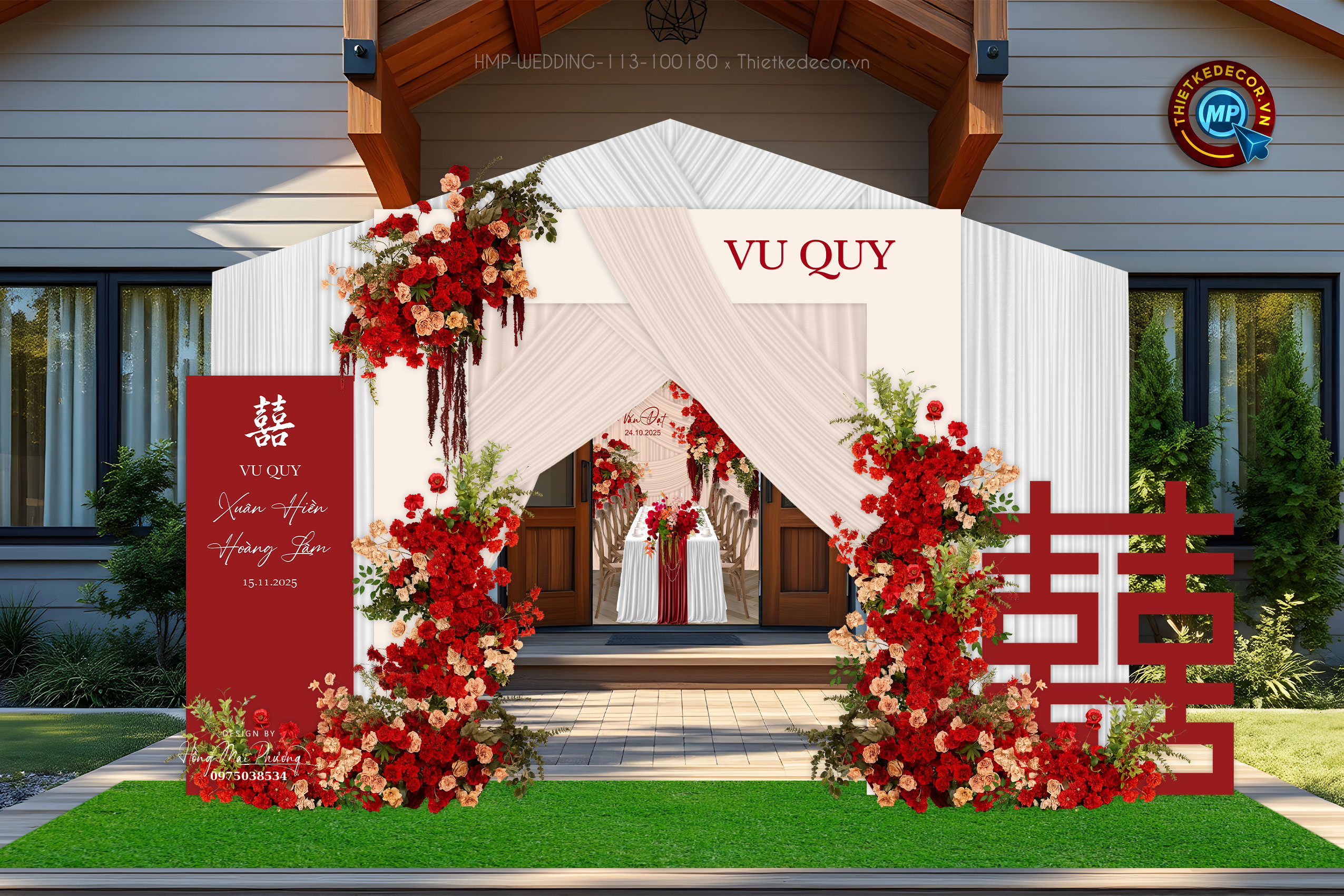 Trang trí tiệc cưới. File thiết kế cổng cưới tone đỏ & kem phối rèm xinh sang